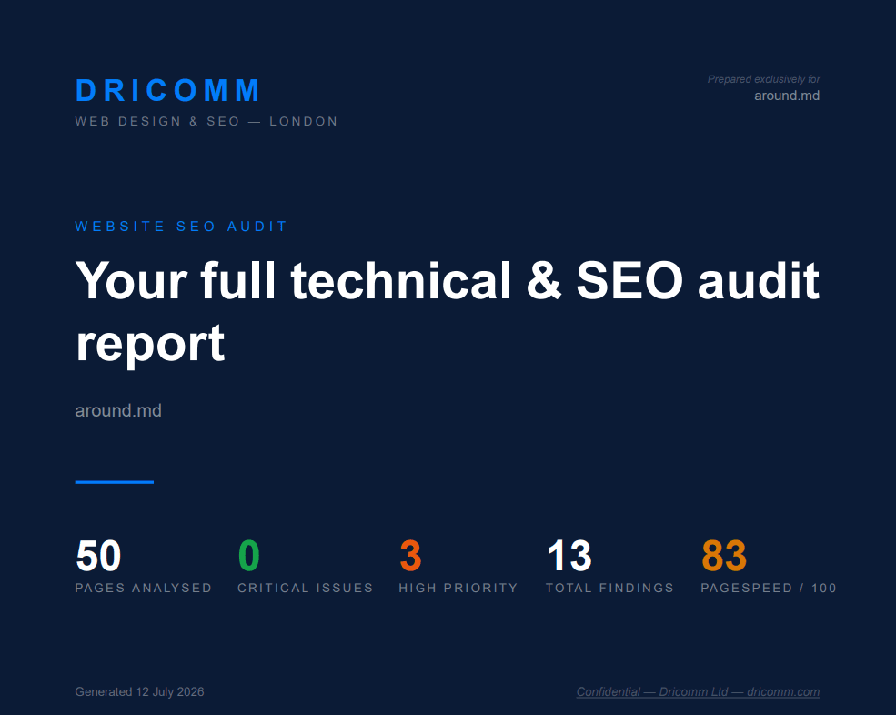 Sample Dricomm SEO audit report — Health Score, prioritised findings, 90-day roadmap